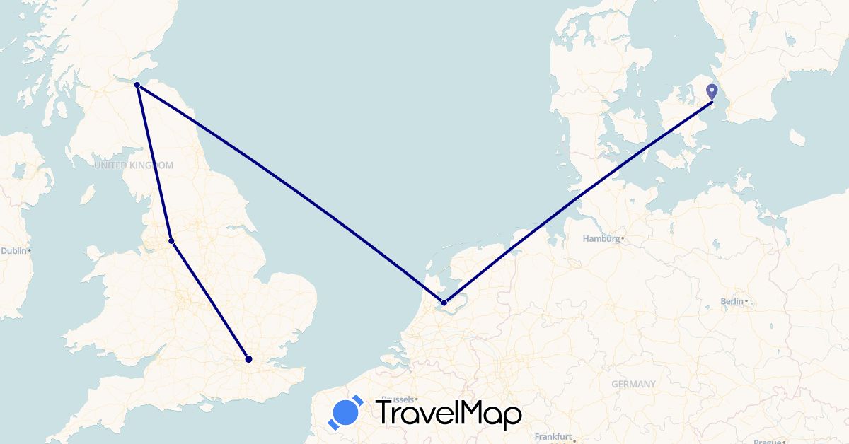 TravelMap itinerary: driving in Denmark, United Kingdom, Netherlands (Europe)